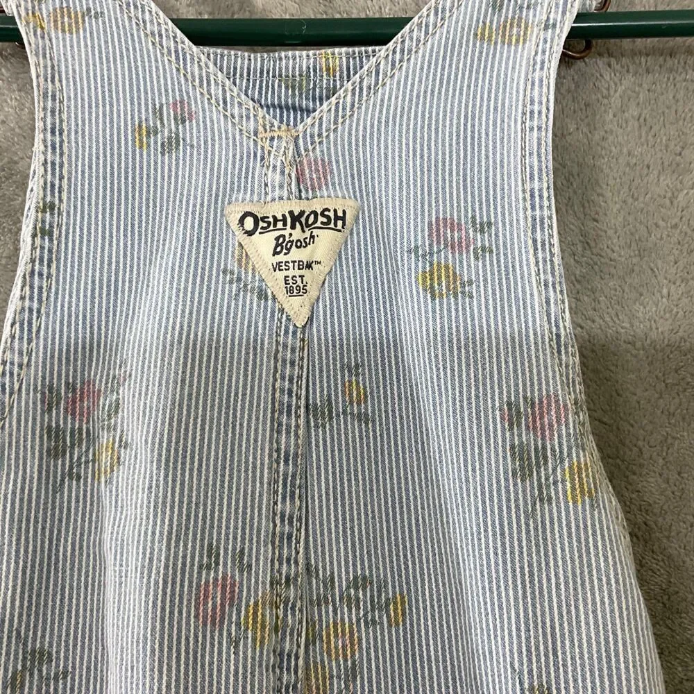 Oshkosh Floral stripes Print Denim Bib Girls Overalls Size 5T * faded pockets